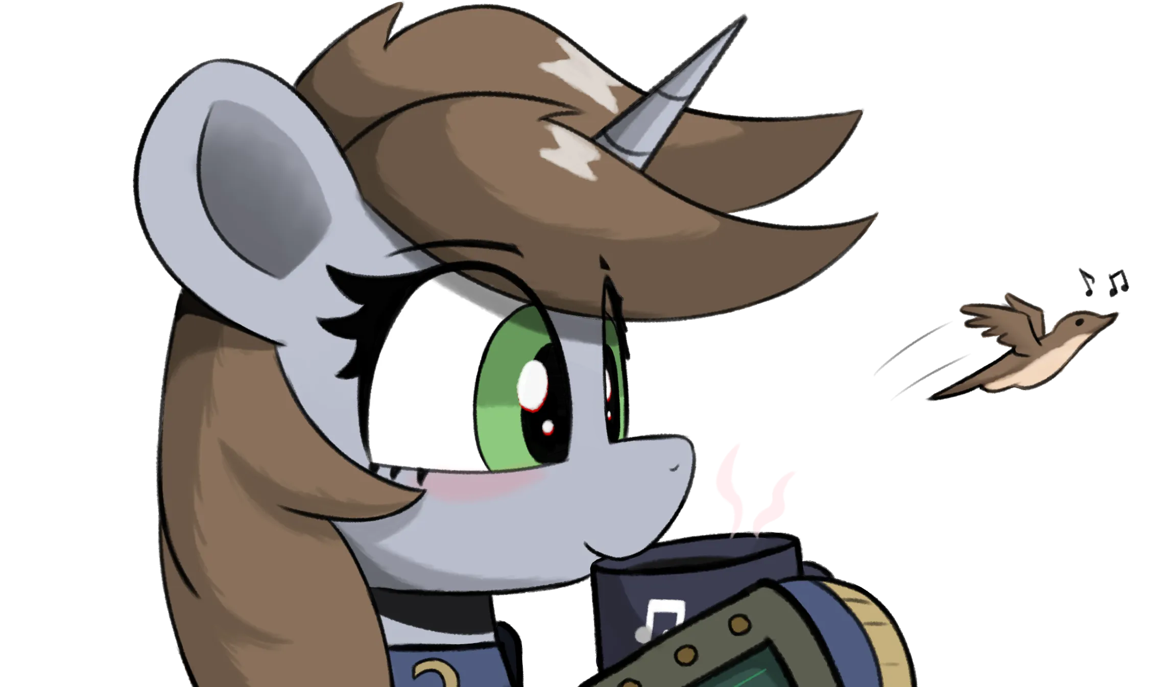 Littlepip side view portrait. She's drinking coffee and looking to the right. A little signing bird is flying on the background