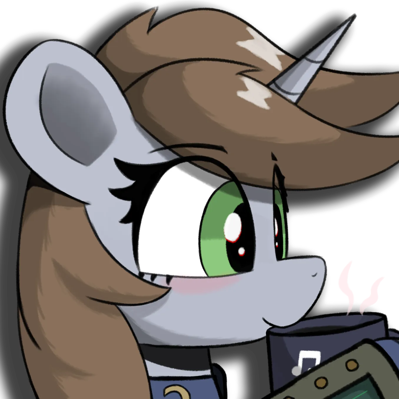Littlepip side view portrait. She's drinking coffee and looking to the right